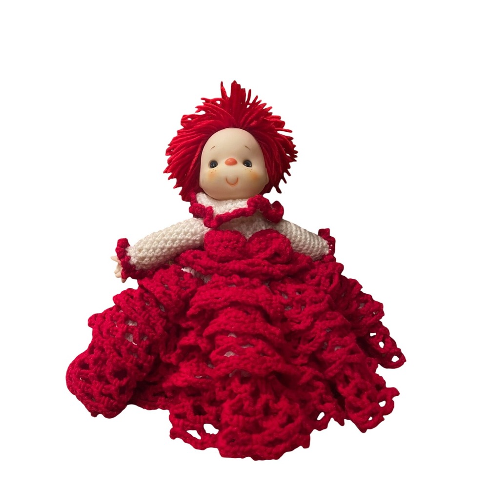 Handmade Crochet Rag Doll Red Dress White Top‎ Fluffy Yarn Hair